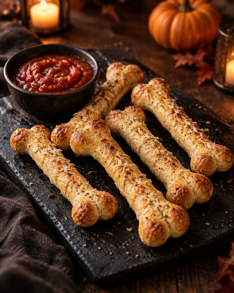 Goldene Grissini in Knochenform mit je zwei runden Enden und Parmesan neben rotem Tomatendip