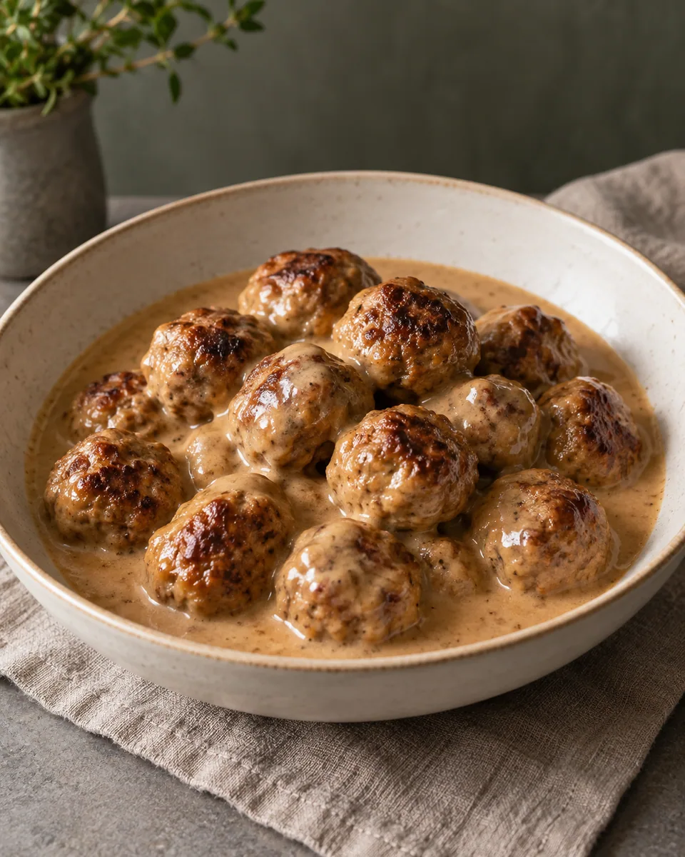 Kleine braune Hackbällchen in glänzender hellbrauner Rahmsauce
