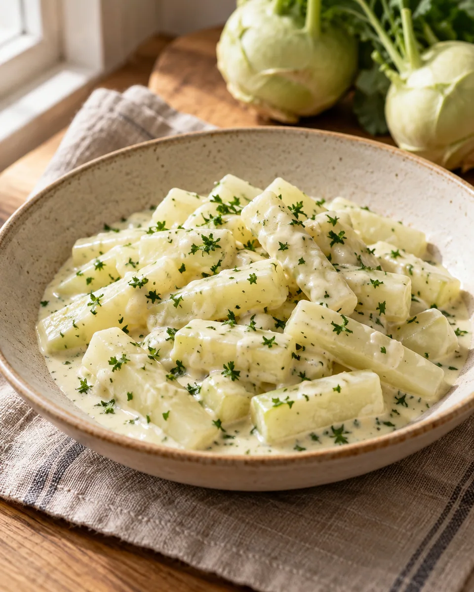 Kohlrabistifte in heller Sauce mit fein gehackter Petersilie