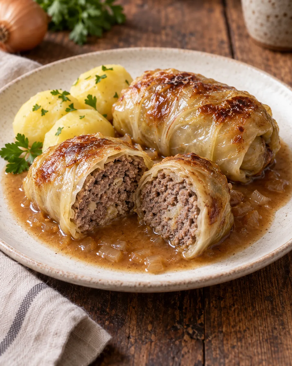 Gebräunte Weißkohlrouladen mit Hackfleischfüllung in einer braunen Sauce mit Möhren und Zwiebeln