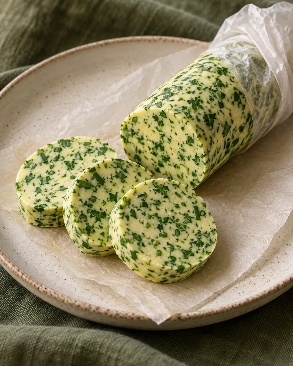 Scheiben selbst gemachter Kräuterbutter mit Petersilie und Schnittlauch auf Backpapier