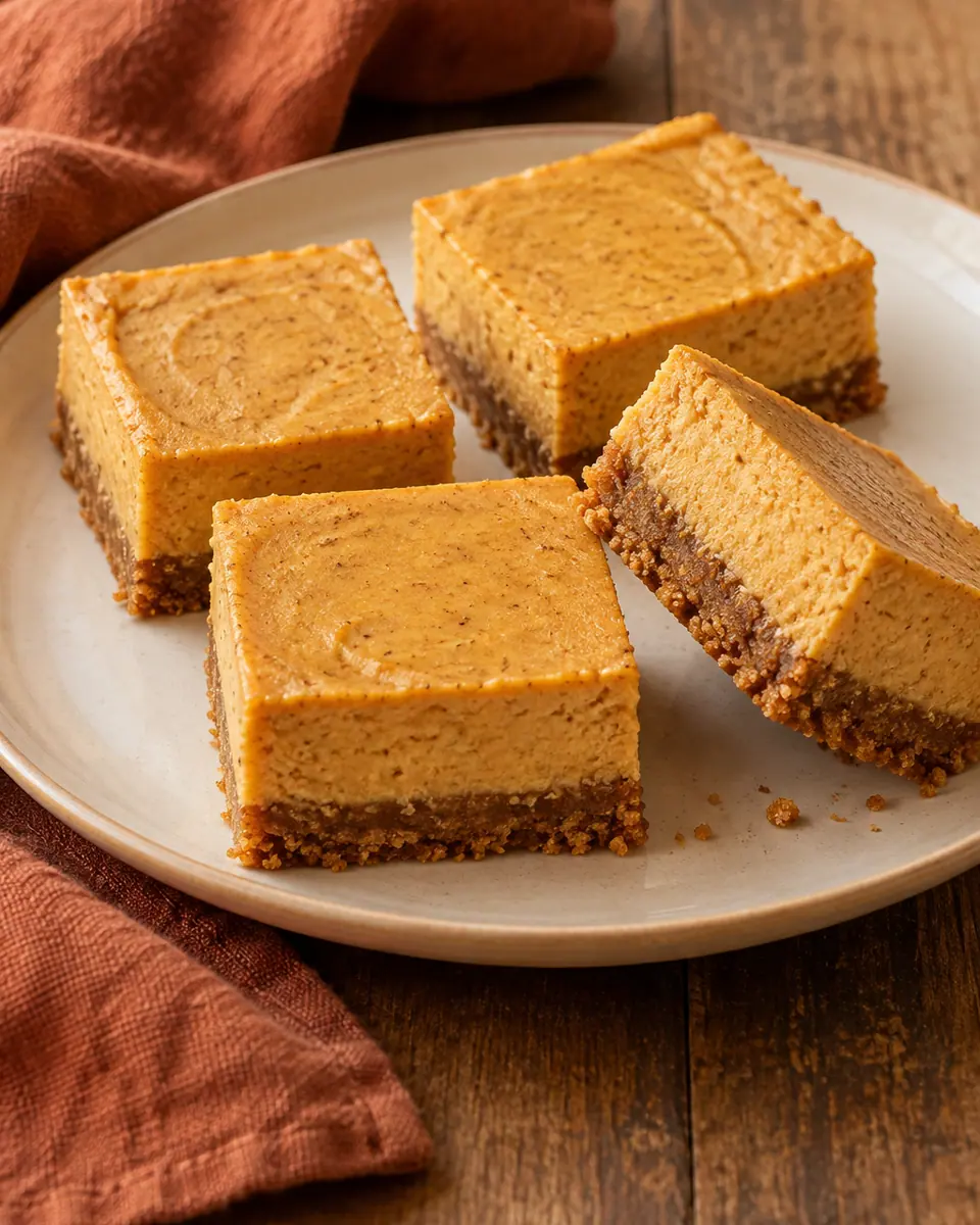 Orange Kürbis-Cheesecake-Schnitten mit dünnem goldbraunem Keksboden