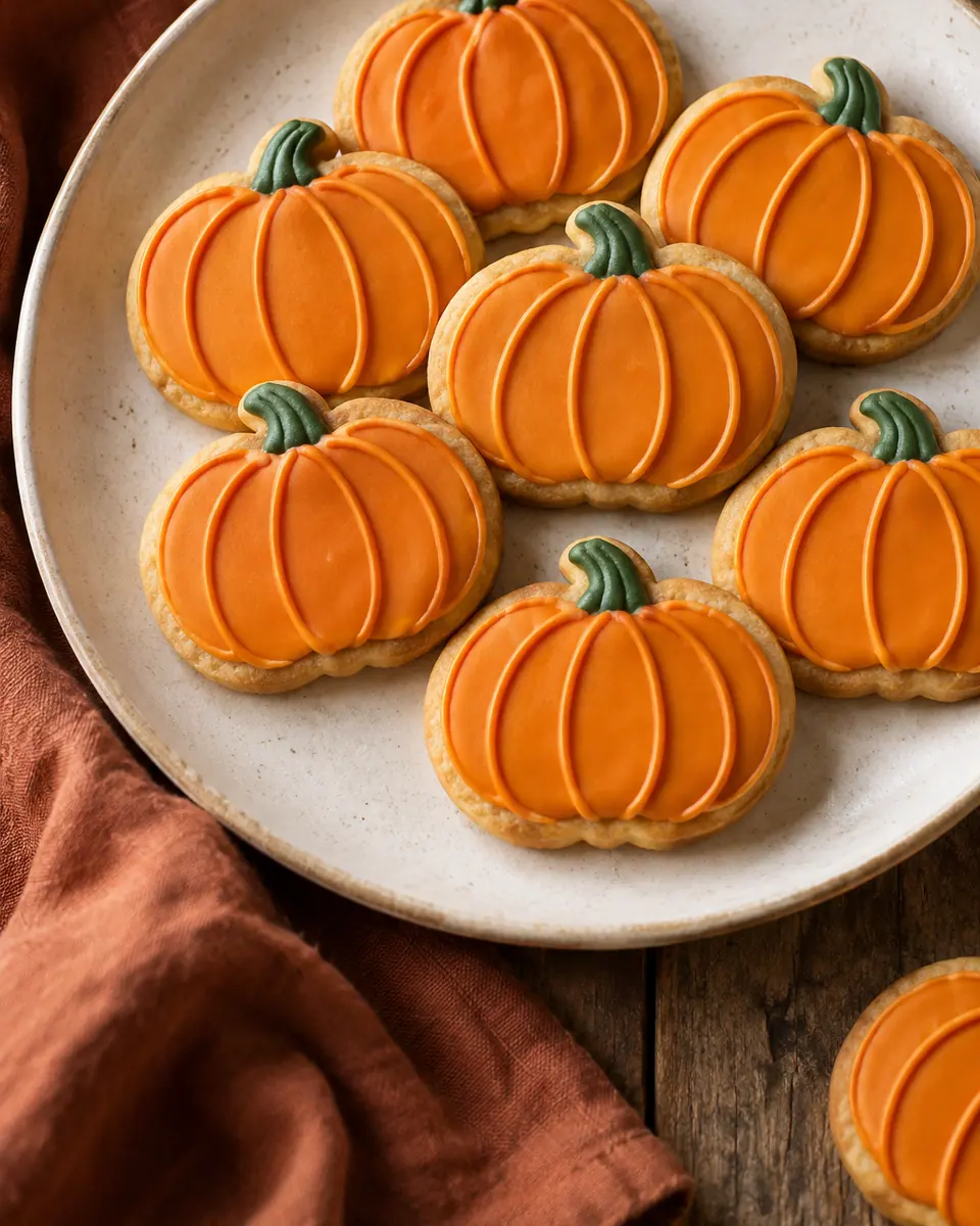 Goldorange Kürbiscookies mit groben dunklen Schokostückchen auf einem Teller