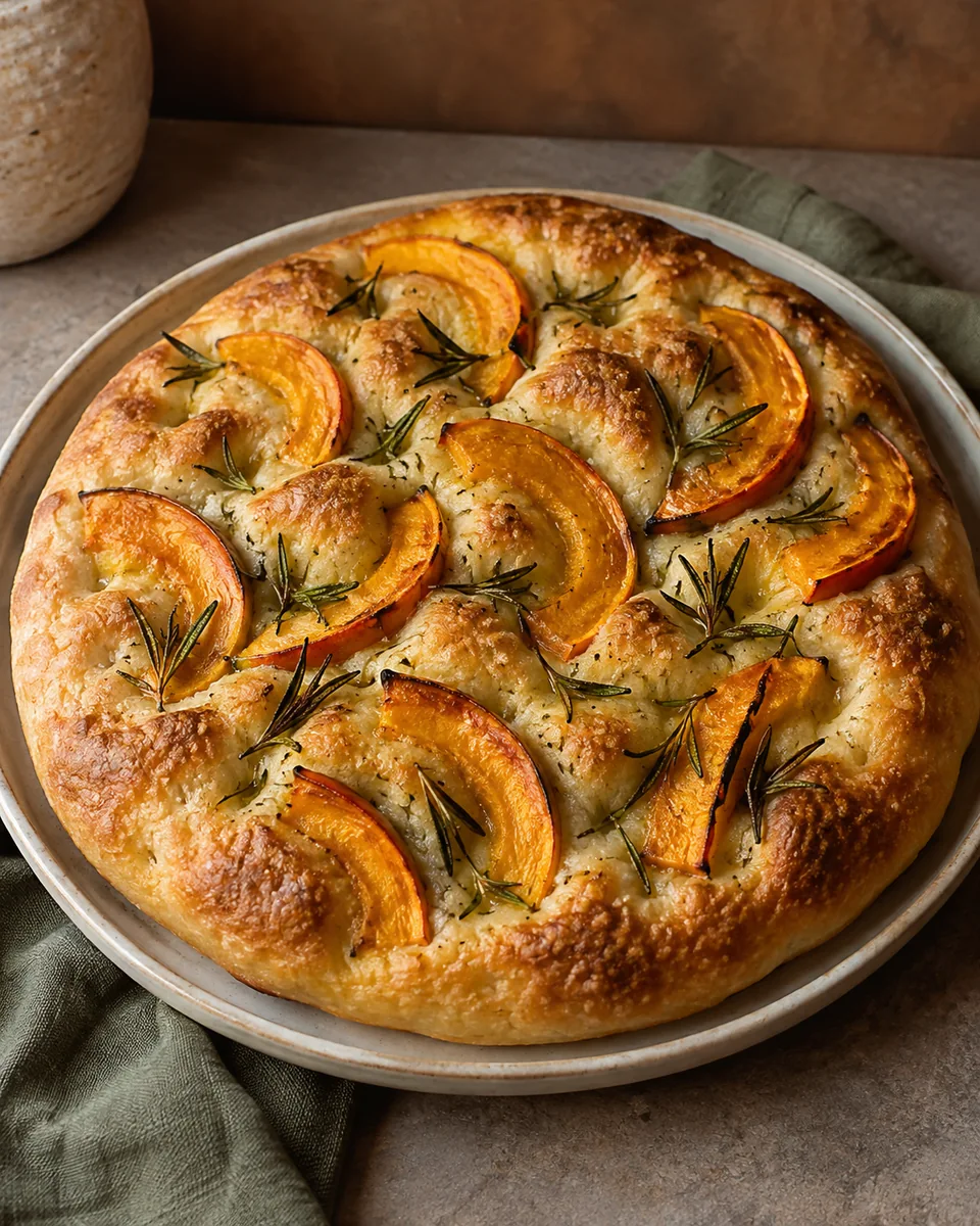 Goldbraune Focaccia mit kleinen Mulden, dünnen Kürbisscheiben und Rosmarin