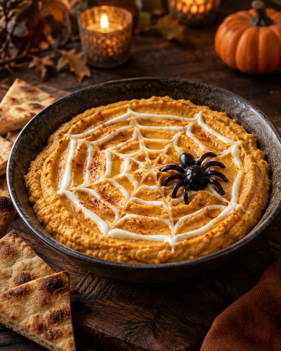 Orangefarbener Kürbis-Hummus mit weißem Joghurtnetz, schwarzer Olivenspinne und etwas Paprikapulver