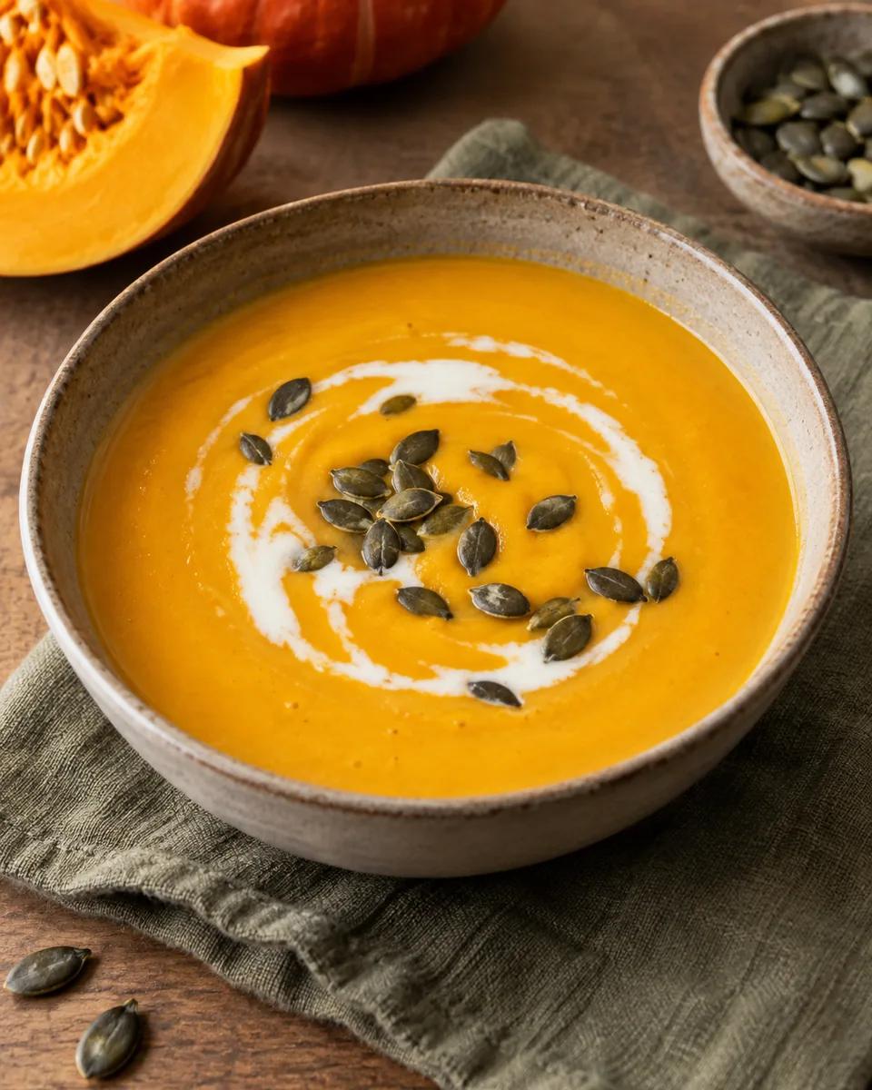 Orange Kürbis-Kokos-Suppe mit einer dünnen Kokosmilchspirale und grünen Kürbiskernen