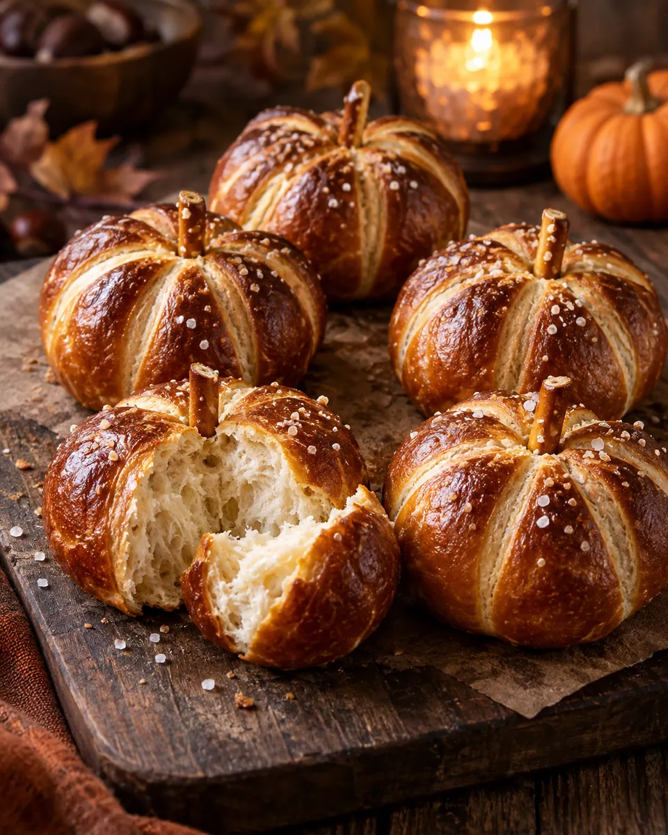 Braune Laugenbrötchen mit acht eingeschnittenen Kürbisrillen und kurzen Salzstangenstielen