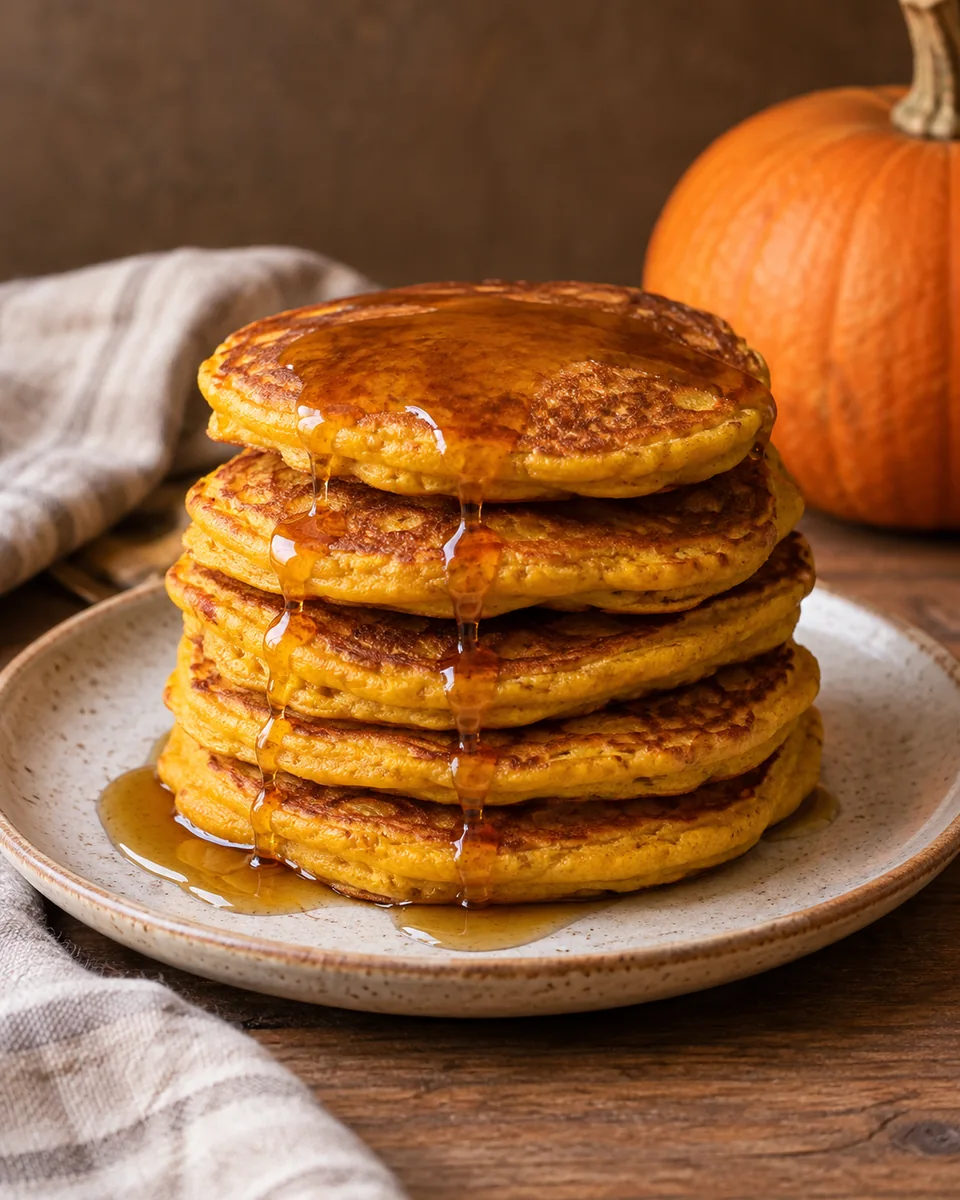 Ein kleiner Stapel goldorange Kürbis-Pancakes mit einem dünnen Ahornsirupfaden