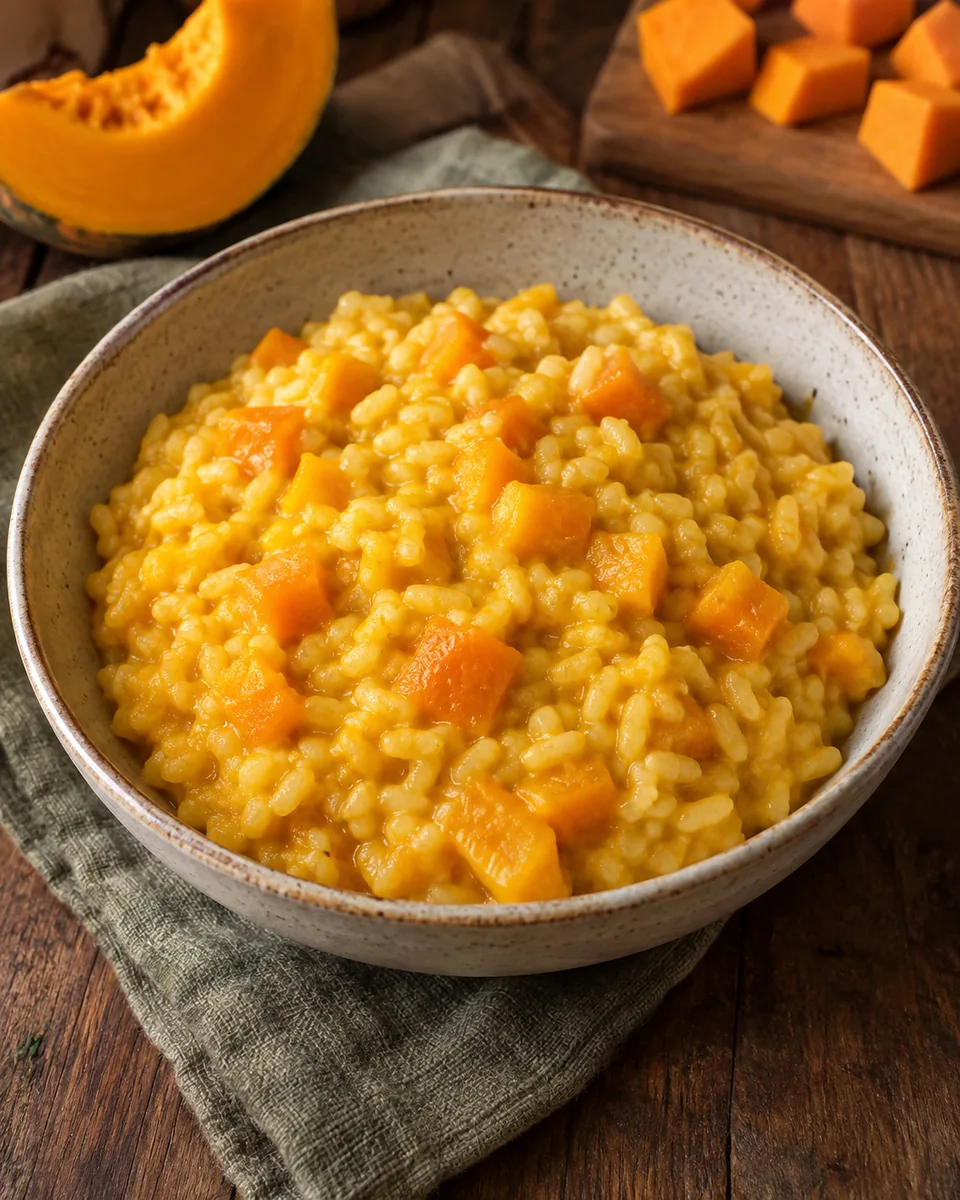 Cremiges goldgelbes Risotto mit erkennbaren Reiskörnern und weichen Kürbiswürfeln