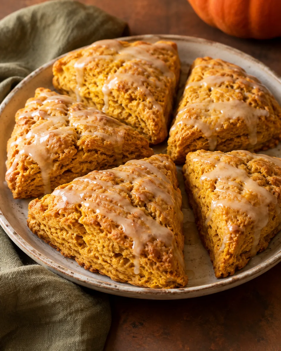 Acht dreieckige orangegoldene Kürbis-Scones mit dünnen hellen Ahorngusslinien