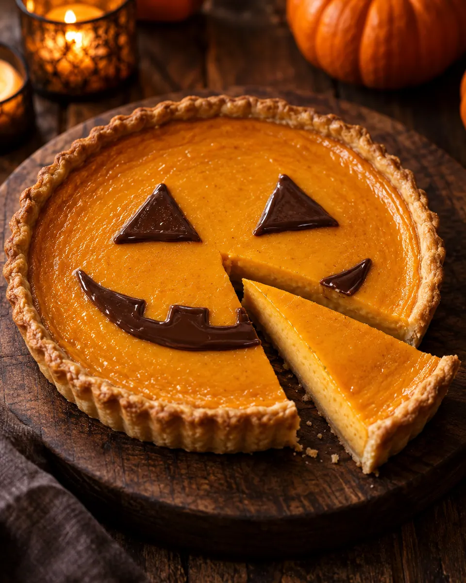Orange Kürbis-Tarte mit dunklem Schokogesicht und goldbraunem Mürbeteigrand
