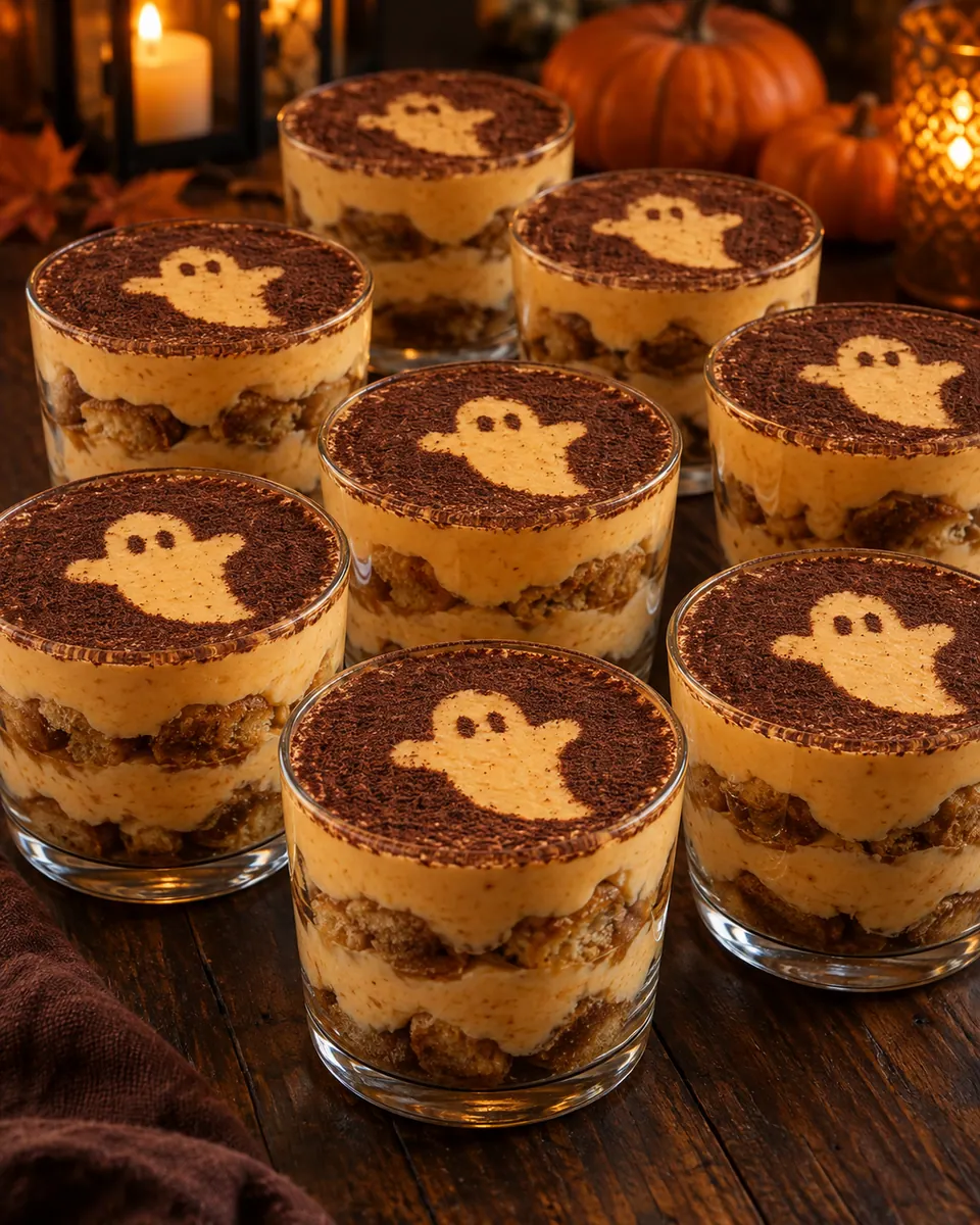 Kürbis-Tiramisu im Glas mit orangeheller Creme, Biskuitschichten und einem hellen Geistermotiv im Kakao