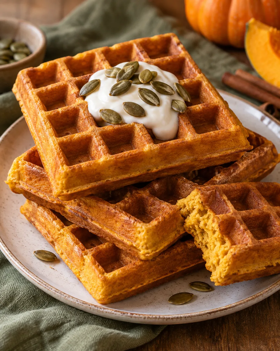 Goldorange Kürbis-Waffeln mit einem kleinen Klecks Naturjoghurt und Kürbiskernen
