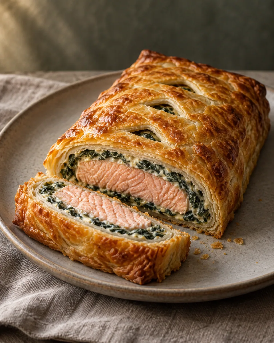 Goldbraunes Blätterteigpaket, angeschnitten mit gegartem Lachs und grüner Spinatschicht