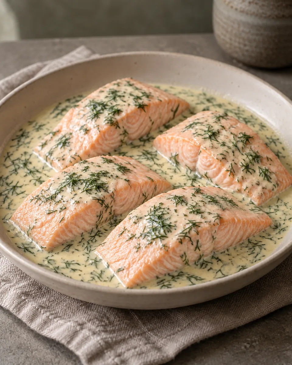 Vier gegarte Lachsfilets in heller Sahnesauce mit Dill