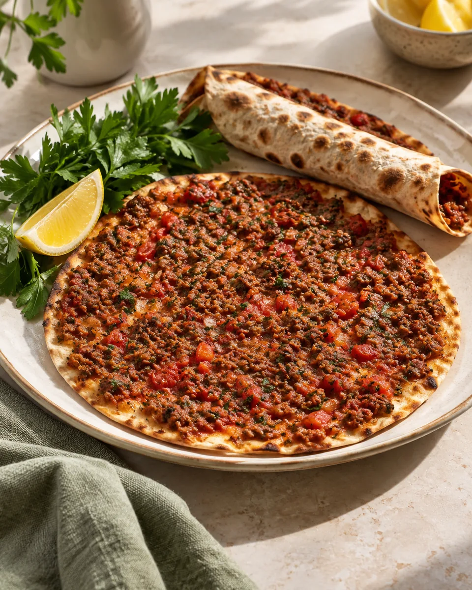 Lahmacun selber machen mit würzigem Hackbelag – appetitlich angerichtete Rezeptillustration