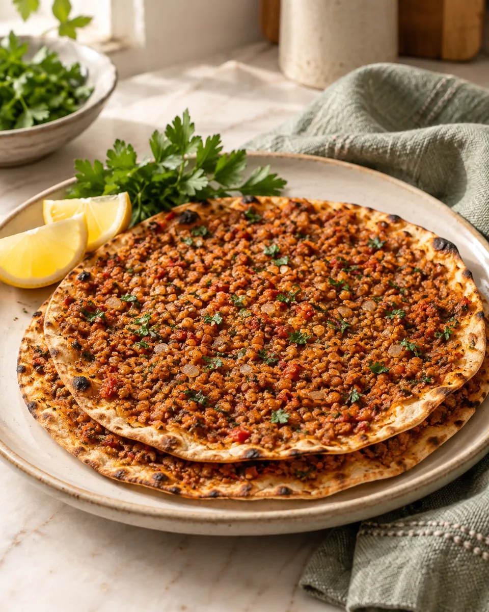 Vegetarische Lahmacun mit Linsen und Walnüssen – appetitlich angerichtete Rezeptillustration