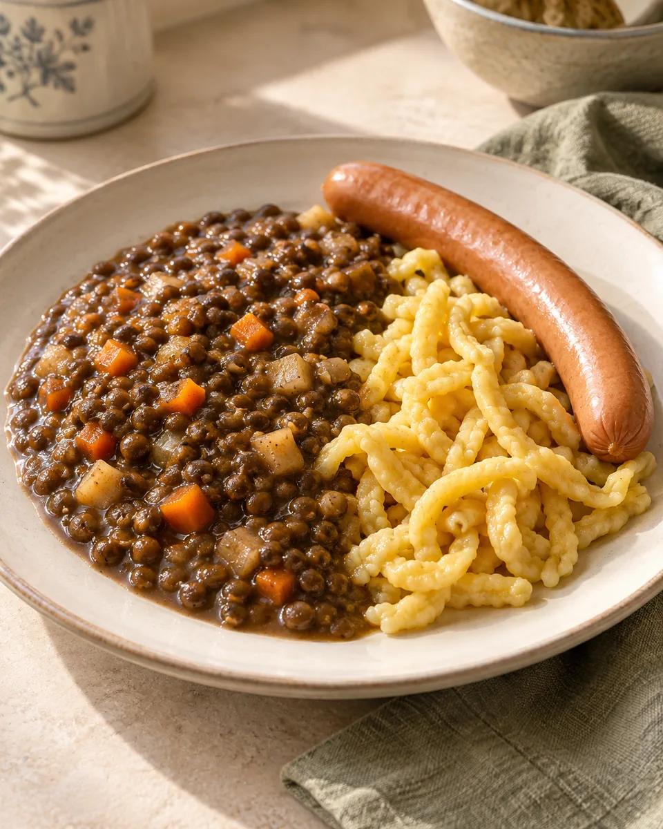 Linsen mit selbstgemachten Spätzle und Saitenwürstchen – appetitlich angerichtete Rezeptillustration