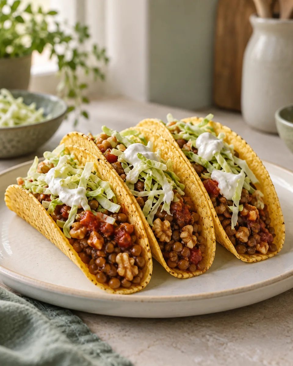 Linsen-Walnuss-Tacos mit knackigem Kraut – KI-generierte Rezeptillustration
