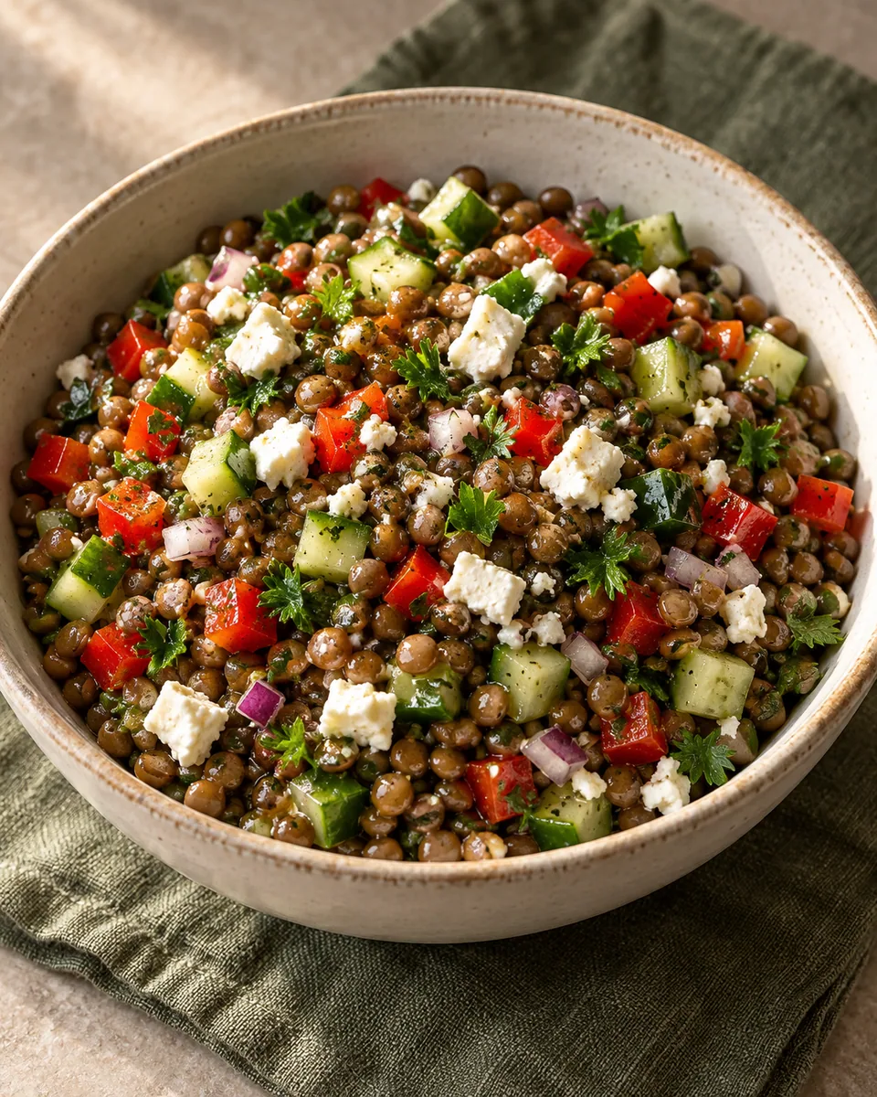 Braune Berglinsen mit Feta, Gurke, Paprika und Petersilie