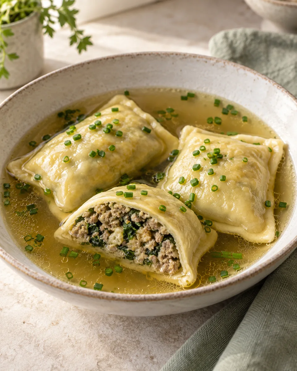 Maultaschen selber machen mit Fleisch und Spinat – appetitlich angerichtete Rezeptillustration