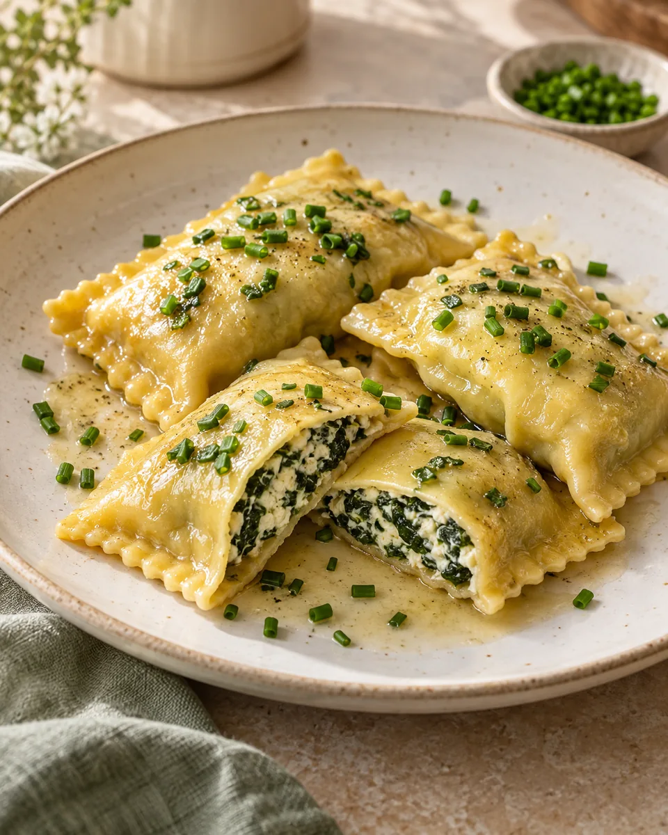 Vegetarische Maultaschen mit Spinat und Ricotta – appetitlich angerichtete Rezeptillustration