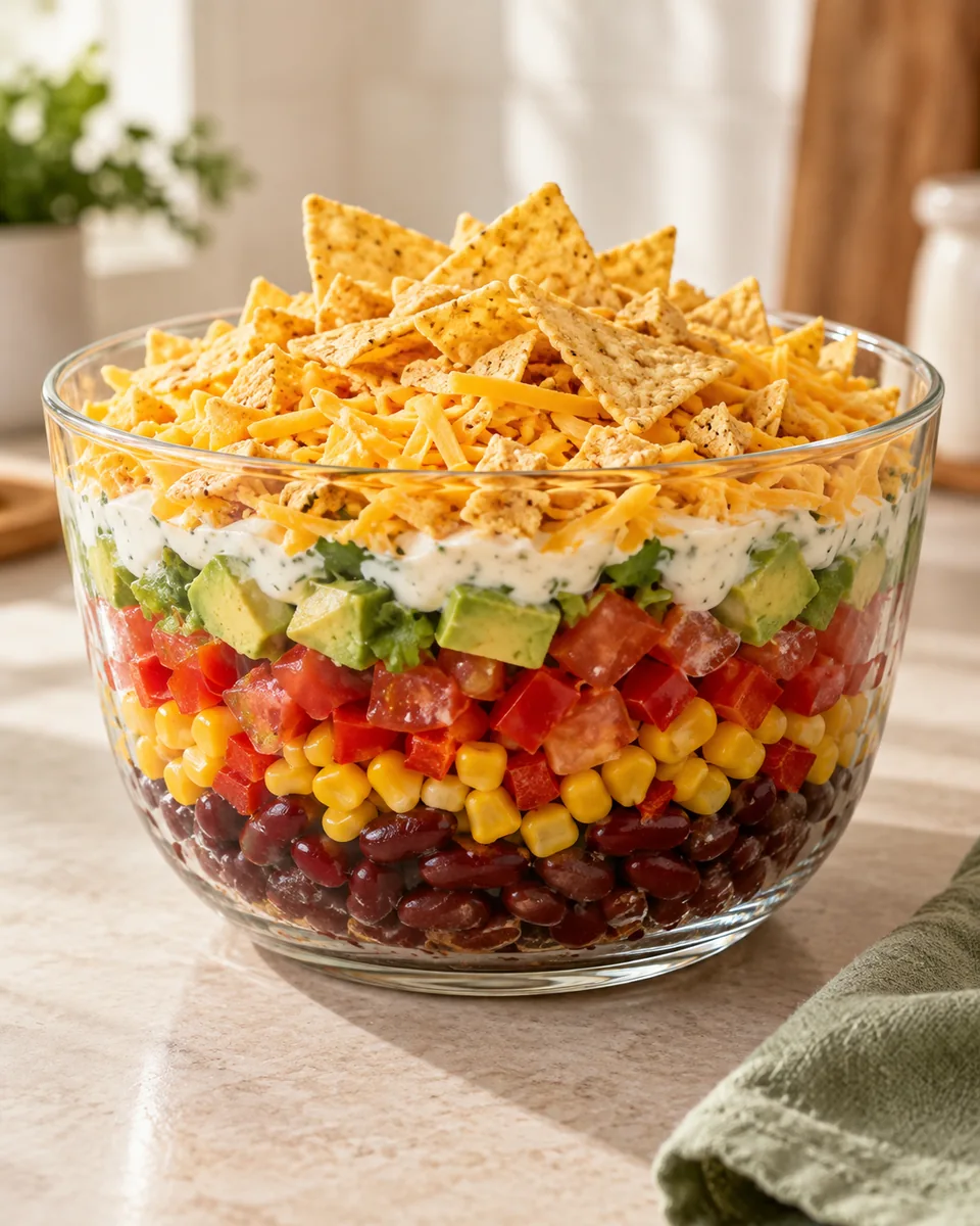 Mexikanisch inspirierter Schichtsalat mit Bohnen und Chips – appetitlich angerichtete Rezeptillustration