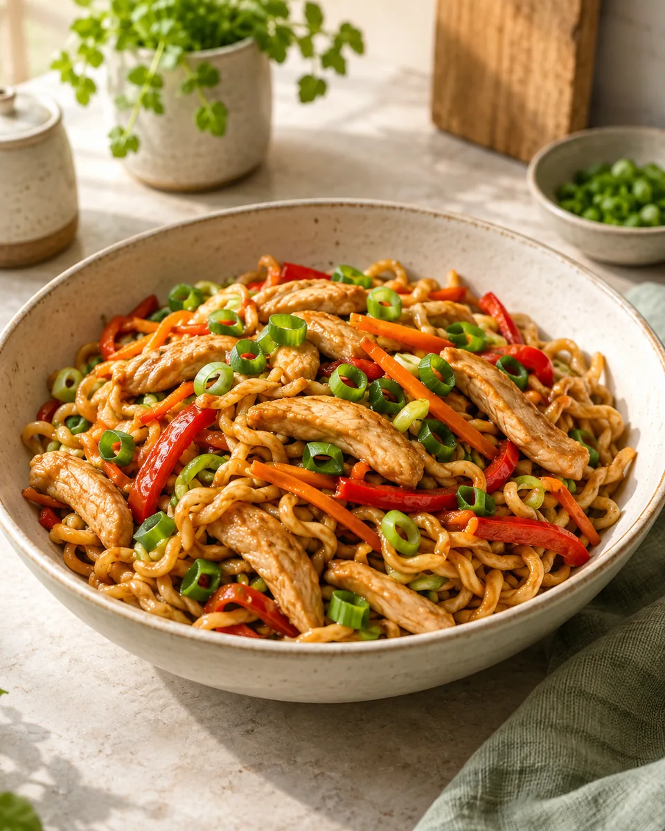 Gebratene Mie-Nudeln mit Hähnchen und Gemüse – KI-generierte Rezeptillustration