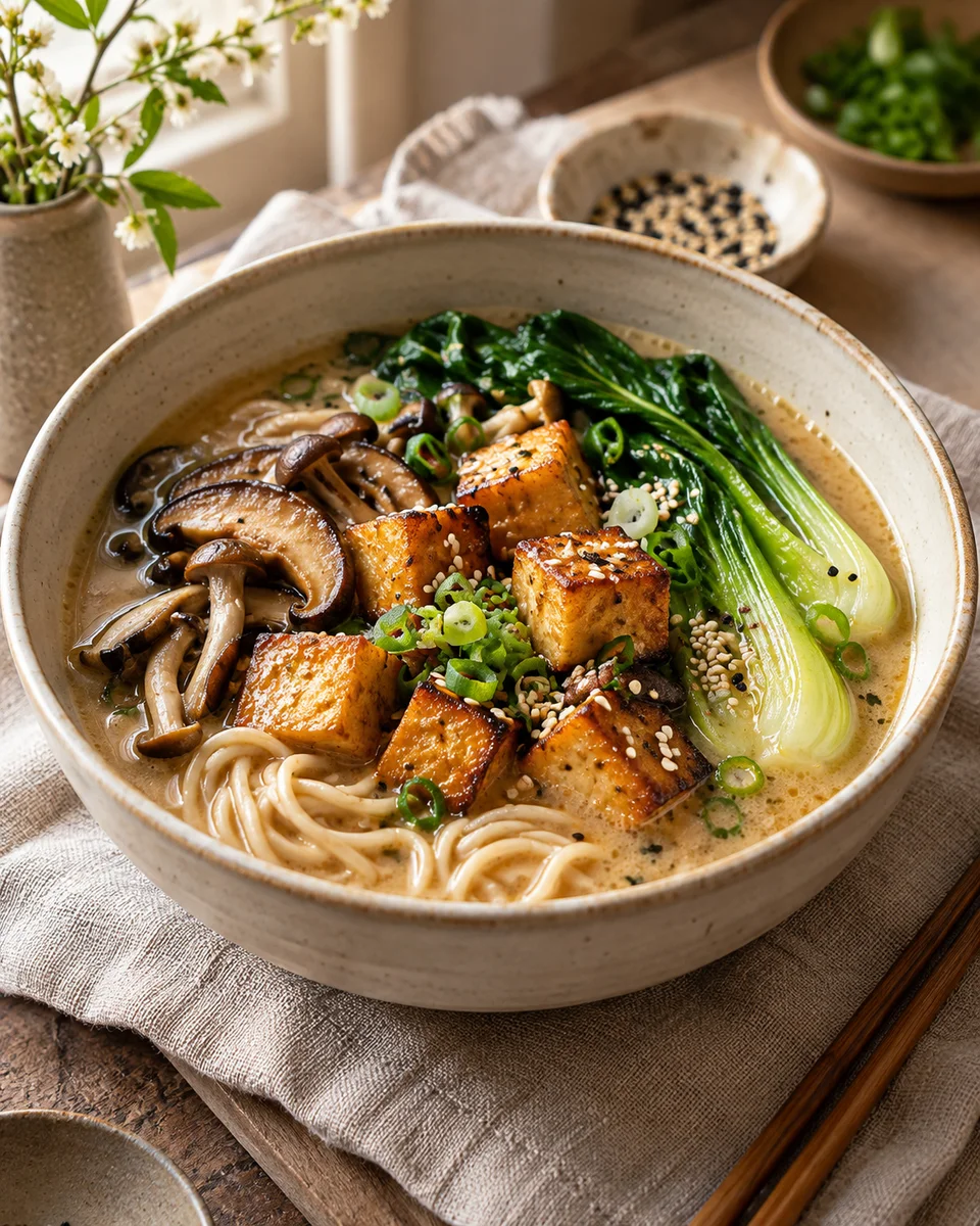 Vegane Miso-Ramen mit knusprigem Tofu, als fertiges Gericht angerichtet. KI-generierte Rezeptillustration.
