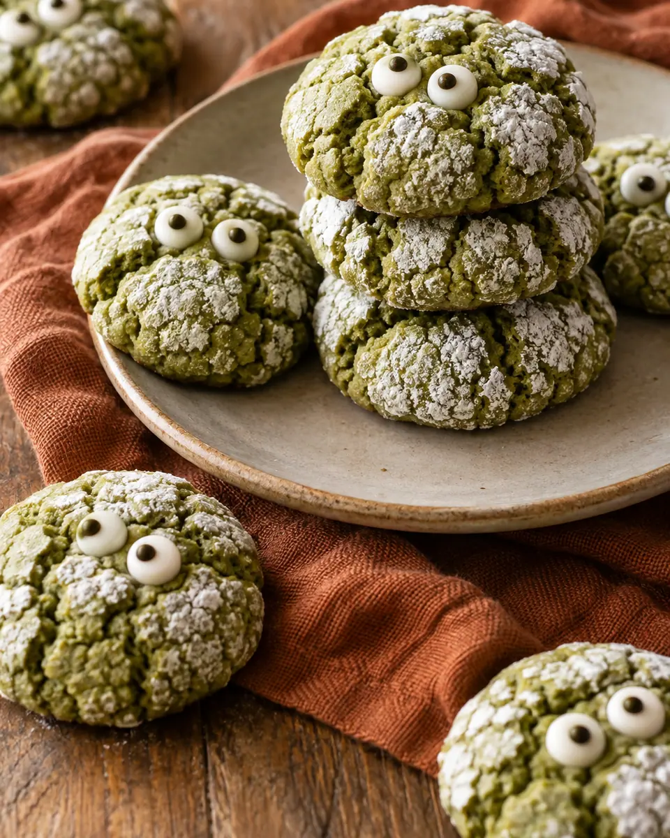 Grüne Cookies mit weißen Schokostückchen und zwei kleinen Zuckeraugen