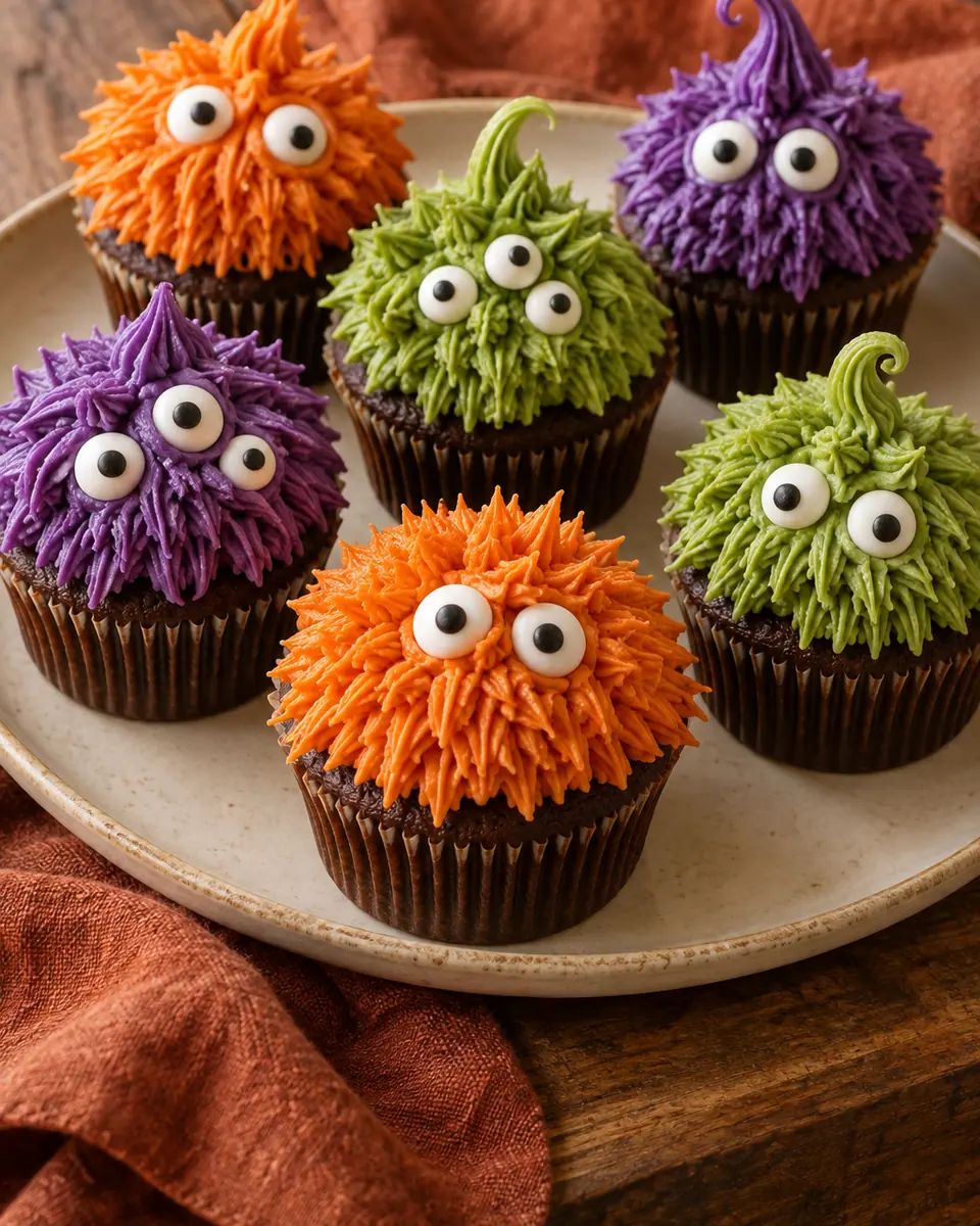 Vanillecupcakes mit grünen, orangen und violetten Buttercremetupfen und großen Zuckeraugen
