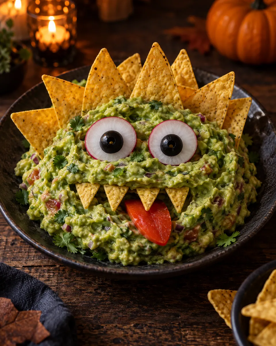 Grünes Guacamole-Monstergesicht mit Radieschen-Oliven-Augen und goldenen Tortilla-Chips als Haare und Zähne und roter Tomatenzunge