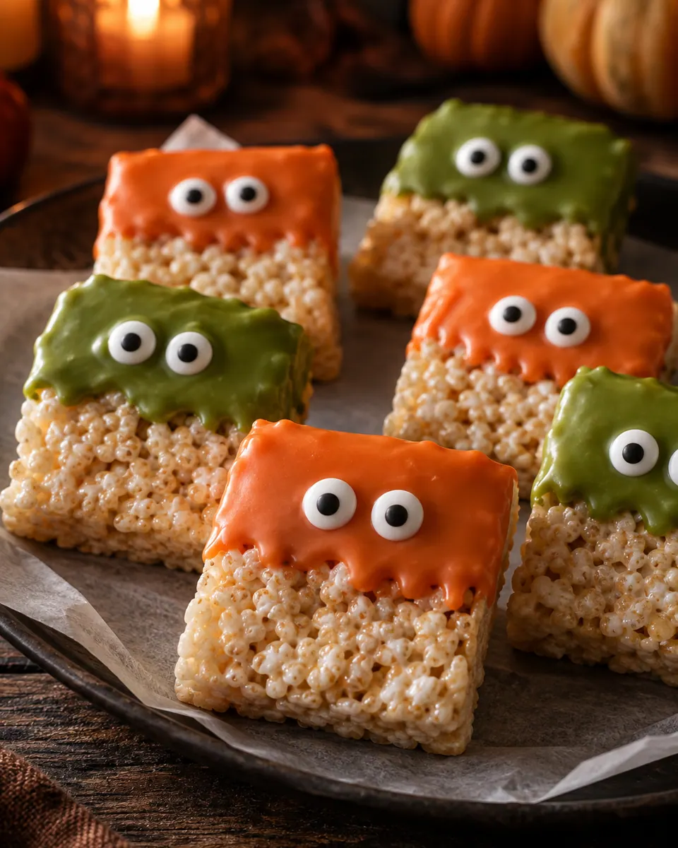 Reis-Marshmallow-Riegel mit grünem oder orangefarbenem oberen Drittel und Zuckeraugen
