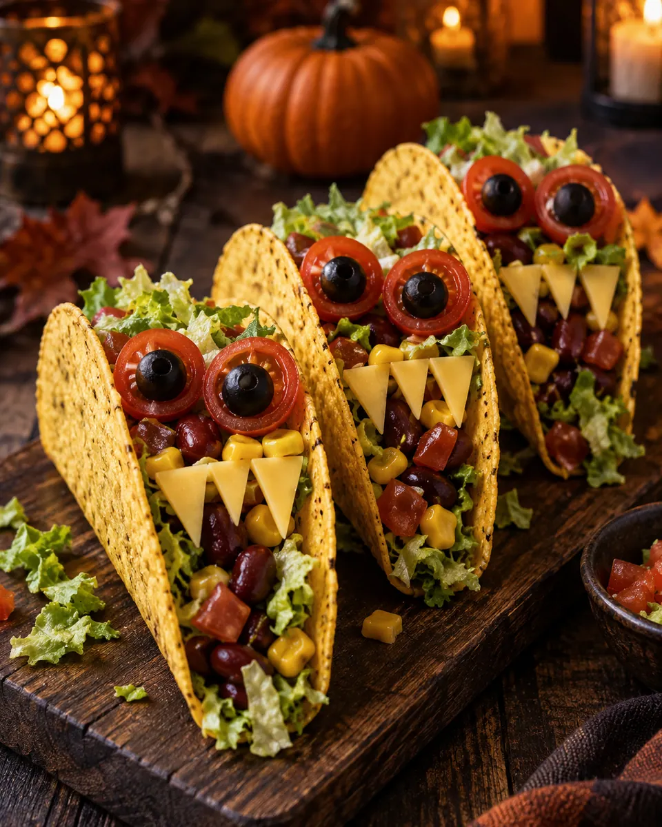 Knusprige Monster-Tacos mit Bohnen, Mais, Salat, gezacktem Käse und Tomaten-Oliven-Augen