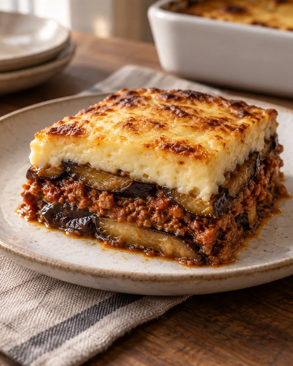 Moussaka mit Auberginenschichten, Hackragout und goldener Béchamelhaube