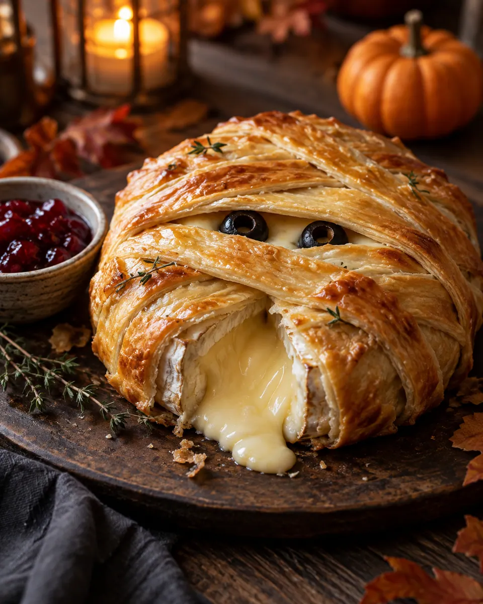 Goldbrauner Camembert im Blätterteig mit Mumienbandagen, schwarzen Olivenaugen und wenigen Thymianblättchen