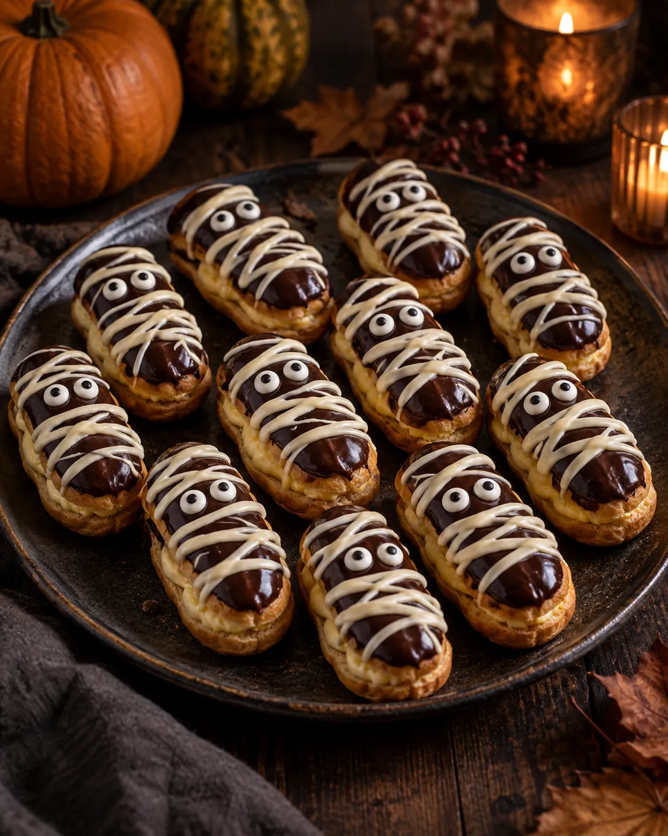 Längliche Éclairs mit dunkler Glasur, weißen Schokobandagen und Zuckeraugen, mit Vanillecreme gefüllt
