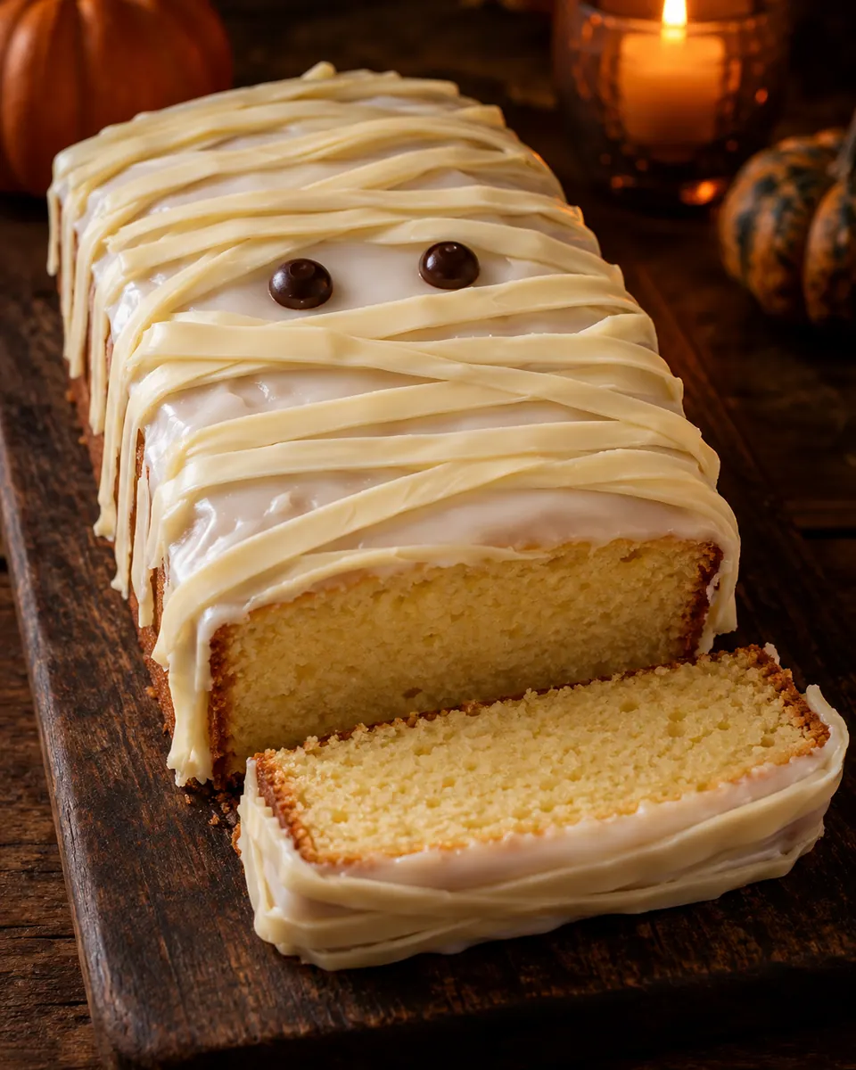 Weiß glasierter Zitronen-Kastenkuchen mit Schokobandagen und zwei dunklen Augen
