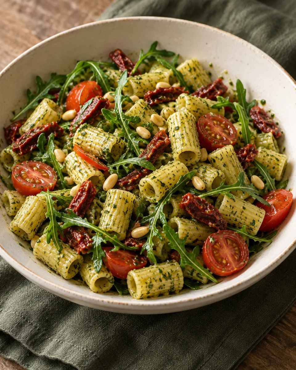 Mediterraner Nudelsalat mit Pesto, Rucola, Tomaten und Pinienkernen