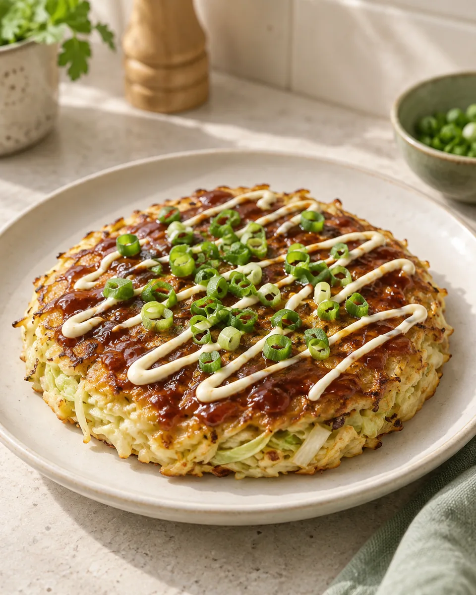 Schnelle Okonomiyaki mit Weißkohl – KI-generierte Rezeptillustration