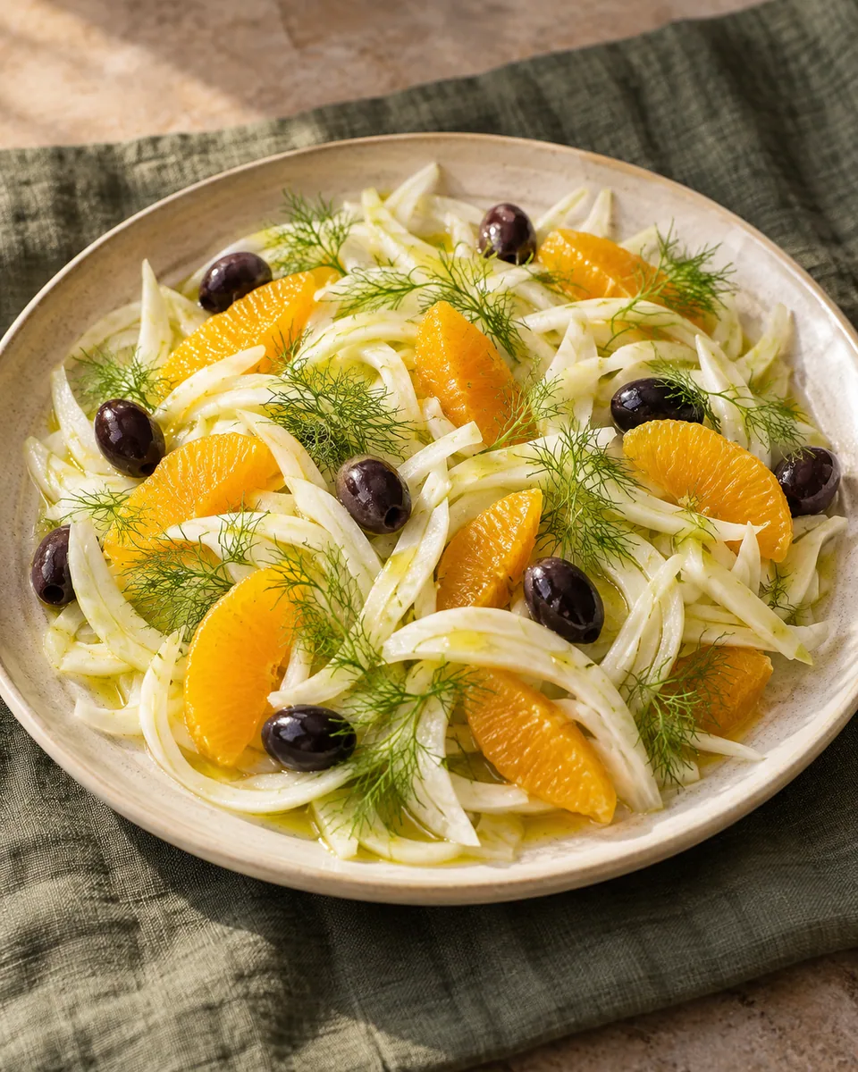 Fenchelsalat mit Orangenfilets und schwarzen Oliven