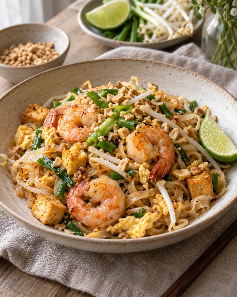 Pad Thai mit Garnelen und Tamarindensauce, als fertiges Gericht angerichtet. KI-generierte Rezeptillustration.