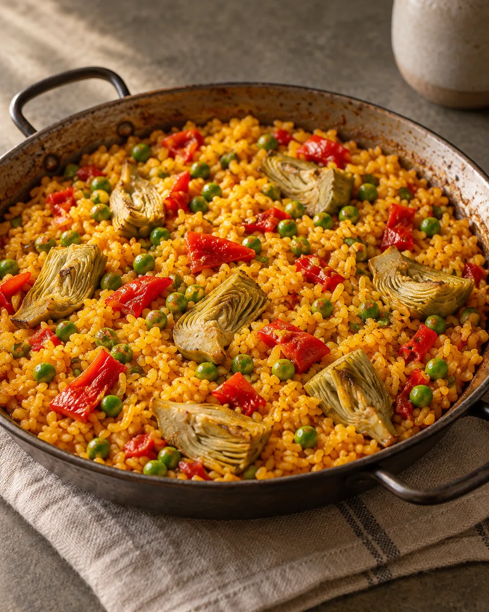 Breite Gemüsepaella mit gelblichem Reis, roten Paprikastücken, Erbsen und Artischocken