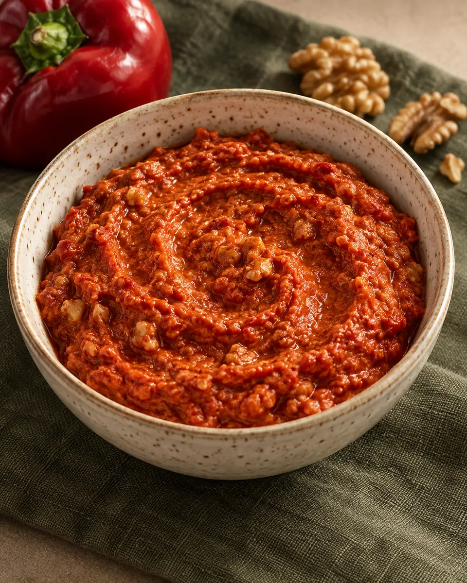 Rotbrauner Paprika-Walnuss-Dip mit kleinen Nussstückchen in einer Schale