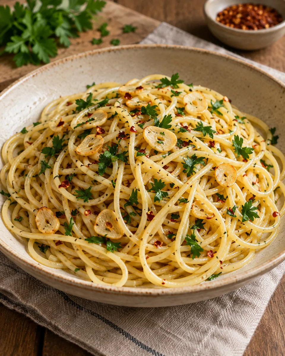 Spaghetti mit goldenen Knoblauchscheiben, Chiliflocken und gehackter Petersilie