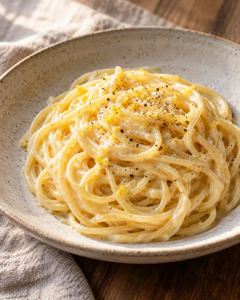 Spaghetti mit heller Zitronen-Käse-Sauce und feinem schwarzem Pfeffer