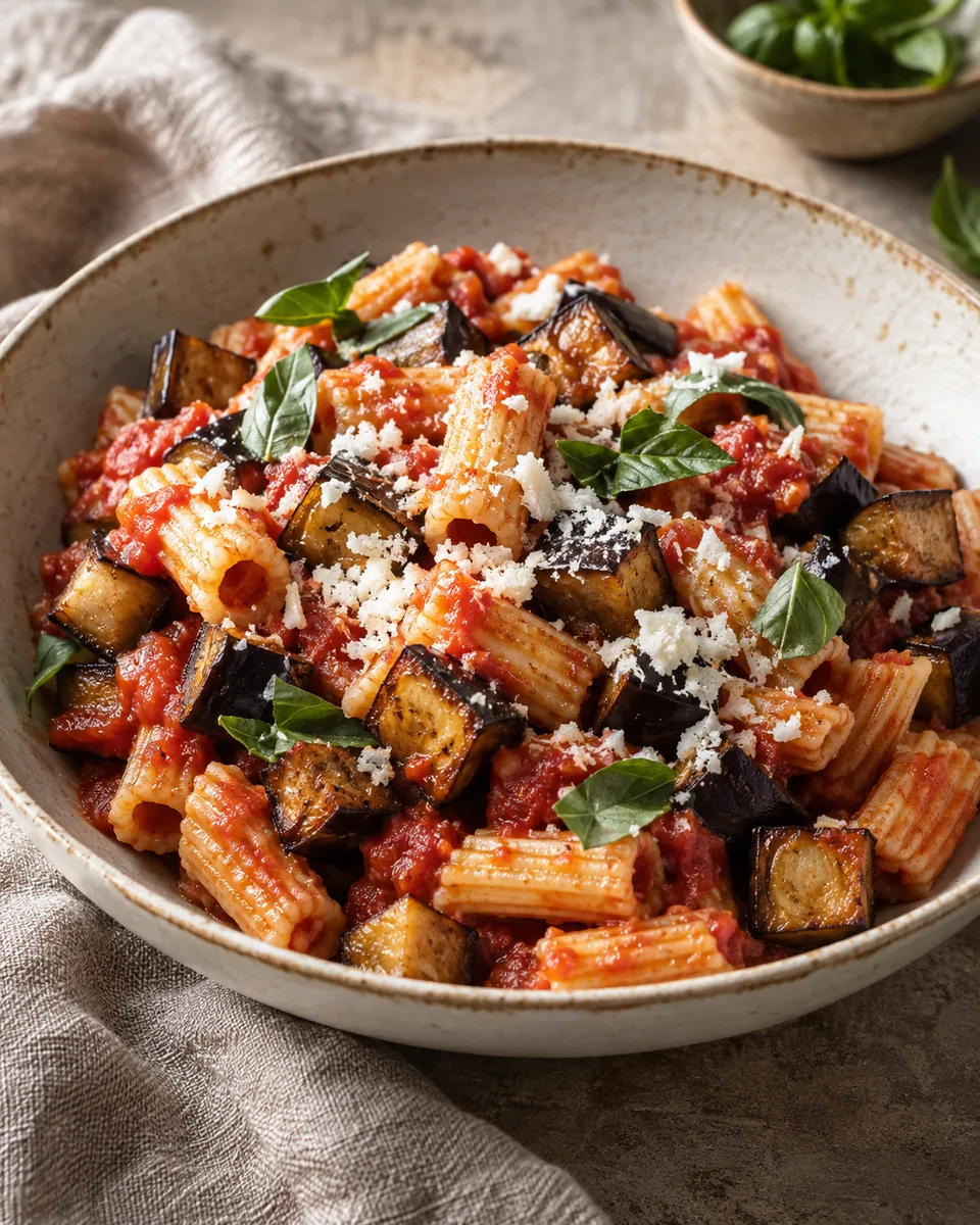 Kurze Pasta in Tomatensauce mit gerösteten Auberginen, Ricotta salata und Basilikum