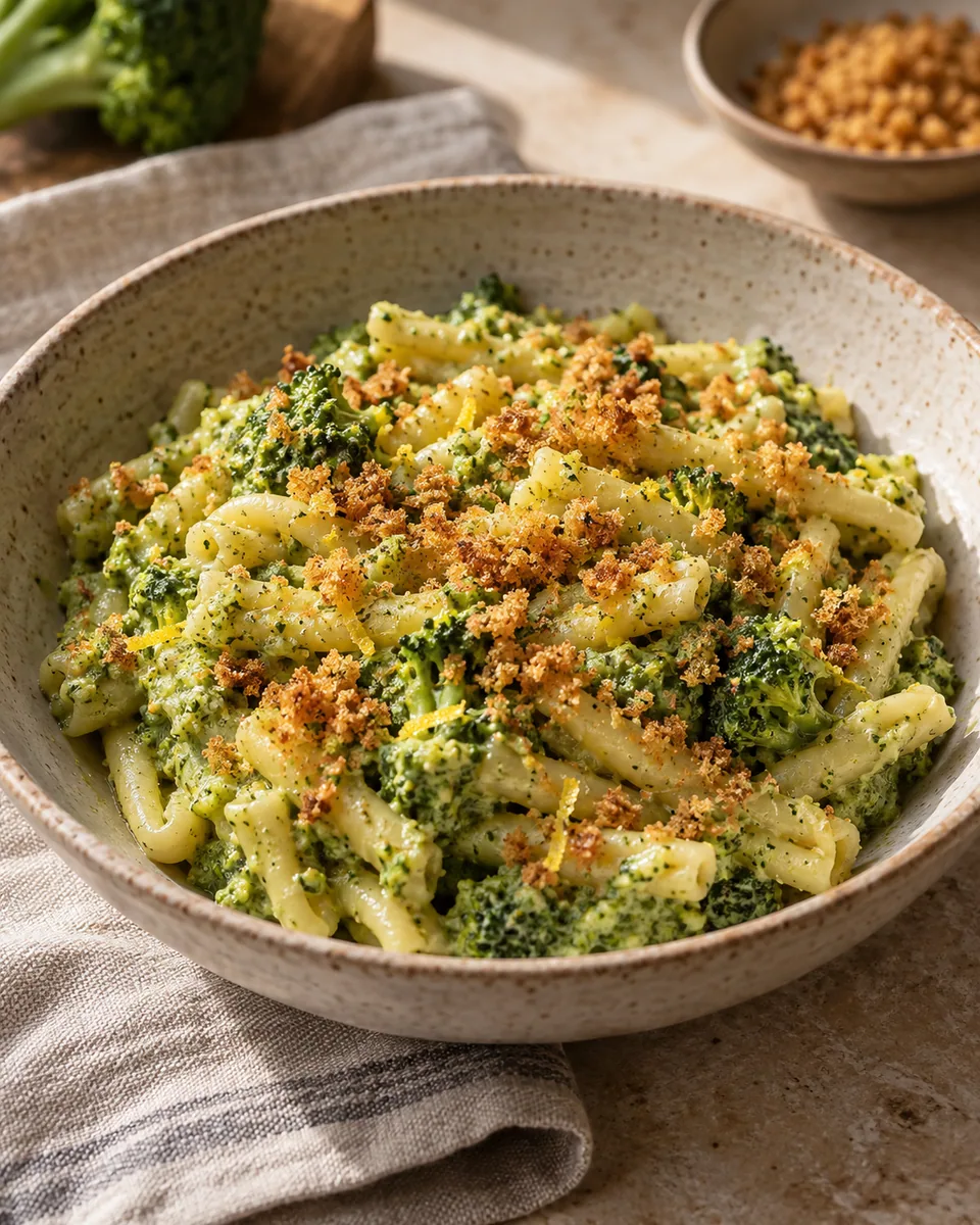 Pasta mit grüner Brokkolisauce und goldenen Zitronenbröseln