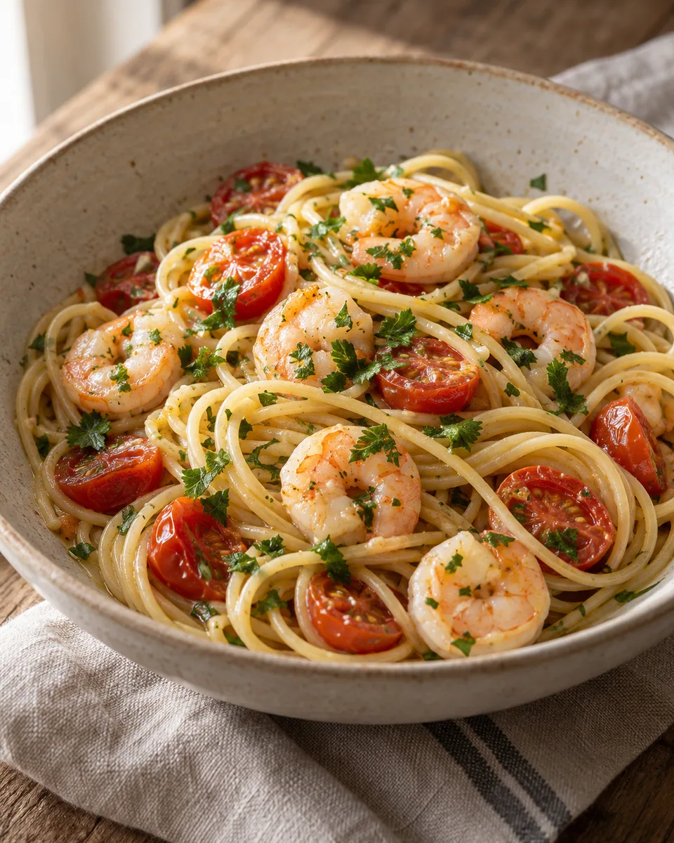 Spaghetti mit gebratenen Garnelen, Kirschtomaten und Petersilie