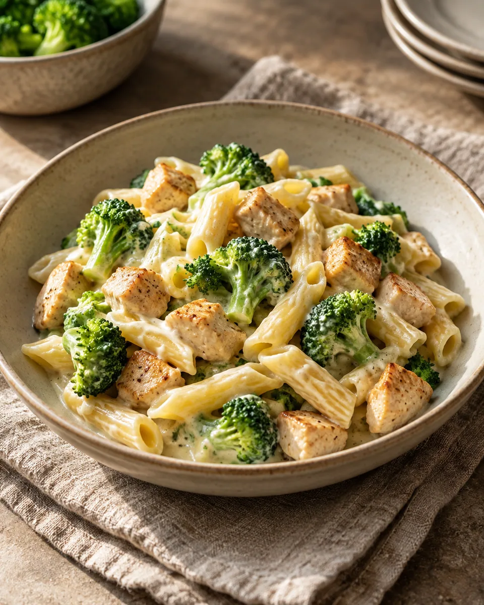 Kurze Nudeln mit Hähnchenwürfeln und Brokkoli in heller Frischkäsesauce
